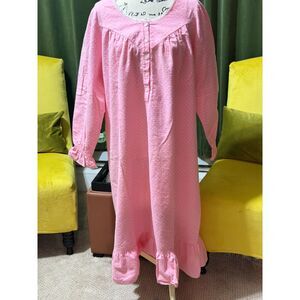 Lanz of Salzburg Pink Polka Dot Flannel Nightgown Women’s Long Sleeve Lace Trim
